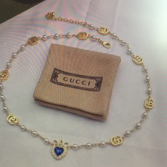None Dresses & Skirts - Gucci Gold-tone Pearl Necklace with Blue Heart Pendant